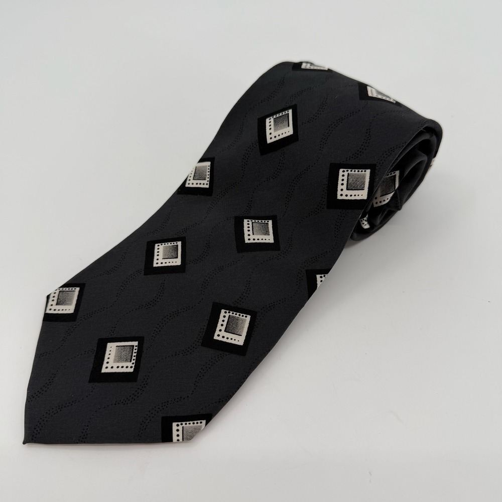 Vtg 90s Robert Stewart Tie Mens Silk Gray Black Geometric Abstract Made in USA